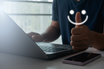 Businessman thumb up with a happy smile face. Customer service Satisfaction, good feedback rating, positive customer review, experience, satisfaction survey, mental health, employee wellness concept. - obrazy, fototapety, plakaty