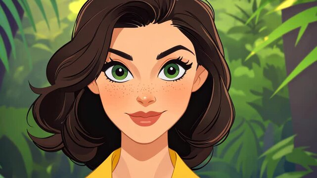 Meet our cheerful character, a yearold woman in a yellow shirt, ready for rainforest adventures with her confident pose