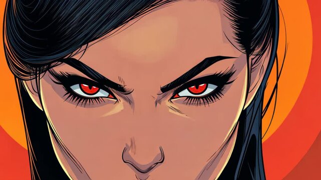 A fierce female vampire with a menacing glare, featuring sharp fangs and a clean backdrop that enhances her ominous aura.