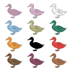Fototapeta premium Set of Duck Silhouettes assorted colors transparent background clipart element graphic art design