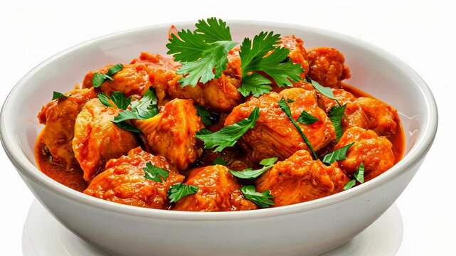 A mouthwatering bowl of creamy Indian chicken korma curry, with spices and herbs, perfect for a hearty meal.
