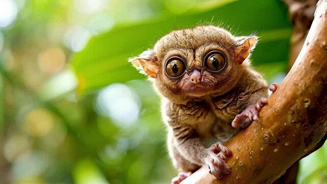 a tiny tarsier on a tree branch