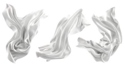Set of floating elegant white fabrics, isolated on white background 