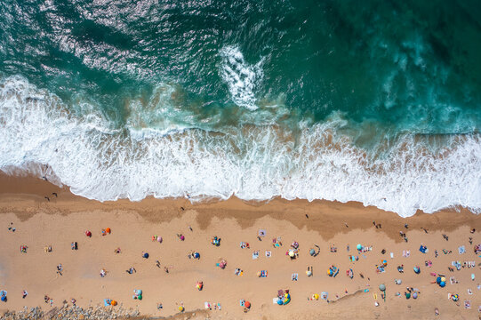 Overhead drone shot of anonymous tourist and parasols on sandy seashore. Directly above view of people enjoying summer vacations at beach during sunny day. 