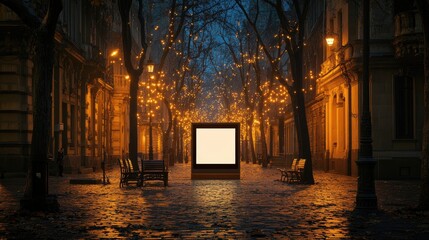 Illuminated city street at night with blank billboard.