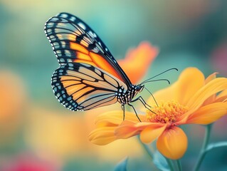 Obraz premium Butterfly perched on a vibrant flower, glowing sunlight through wings, sharp focus on intricate details, soft colorful background, serene nature vibe
