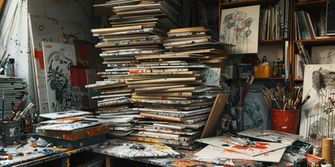 Chaotic artist's studio: a messy stack of canvases, paint splatters, and art supplies create a vibrant, unfinished artwork scene. Digital tools and plastic wrap add a contemporary twist.