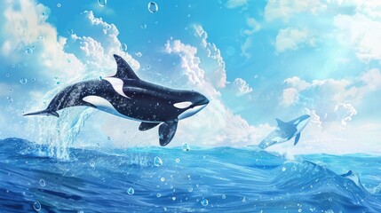 Fototapeta premium Orca Leaping Out of the Water Under a Bright Sky