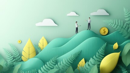 Two figures exchanging ideas on a stylized landscape with foliage and currency symbols.
