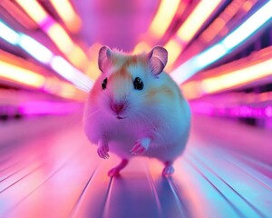 Hamster running in a sleek modern cage, glowing neon lights reflecting on the wheels, sharp focus on motion, vibrant and dynamic pet environment