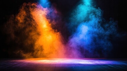 Colorful smoky stage lighting on dark wooden floor.