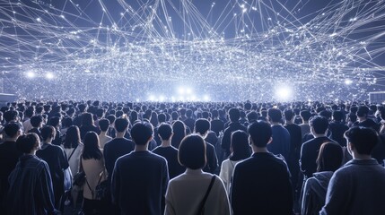 Huge crowd looking up at a complex network of light lines.
