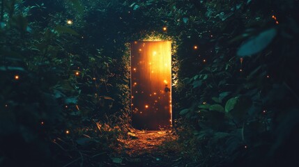 Fototapeta premium Glowing door in mystical forest at night.