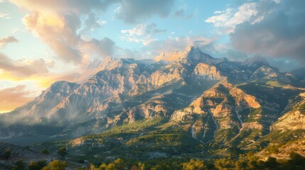 A breathtaking mountain landscape at sunset, showcasing vibrant colors and dramatic peaks.