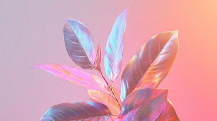 Iridescent leaves on pastel background. (1)