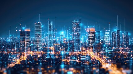 Naklejka premium Futuristic cityscape at night, illuminated with digital network connections.