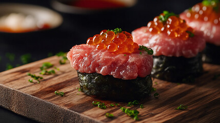 nigiri sushi with raw prime wagyu beef and top with caviar, served on top of a wooden board