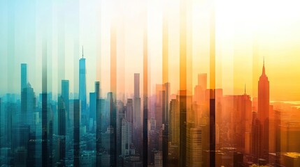 Fototapeta premium Abstract city skyline at sunrise/sunset, showing color transitions throughout the day.