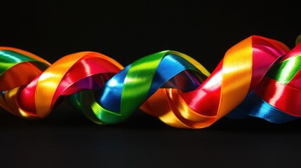 Colorful satin ribbons twisted in spiral on black background.