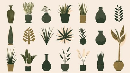 A collection of illustrated plants and vases in various styles and shapes.