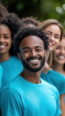 Smiling black man with diverse volunteers in matching blue shirts