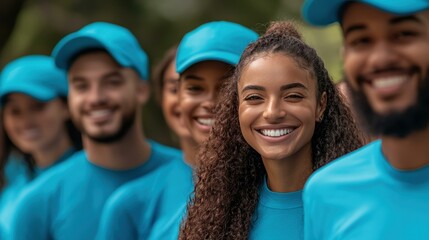 Smiling diverse volunteers in matching blue shirts and hats