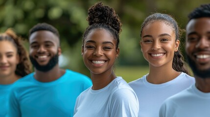 Obraz premium Group of diverse young volunteers smiling happily outdoors, standing close together, showing support and camaraderie, promoting community involvement and teamwork.