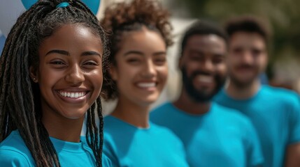Smiling team of diverse volunteers wearing matching blue shirts