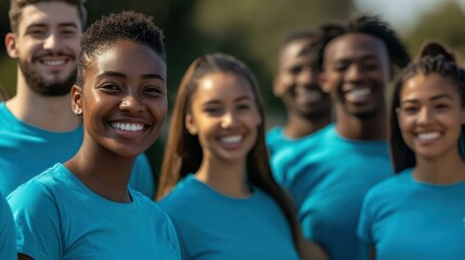 Diverse group of smiling volunteers wearing turquoise shirts outdoors