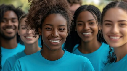 Fototapeta premium Smiling diverse volunteers posing together outdoors, embracing community spirit