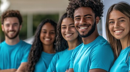 Group of five diverse young volunteers wearing matching blue shirts, smiling at camera, standing together outdoors, promoting community service and teamwork, expressing positivity and enthusiasm.