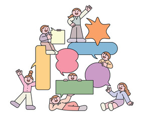 People holding speech bubbles are hugging or standing. Pyramid shape. Cuttiny character with outline.