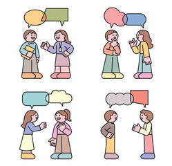 Two people are meeting and talking. There are speech bubbles above their heads. Cuttiny character with outline.