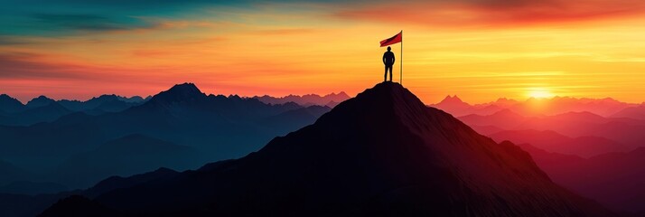 Man stands on mountain peak at sunrise. Flag marks summit achievement. Inspiring view of colorful sunrise over mountain ranges. Success, perseverance visualized. Nature, ambition symbolized.