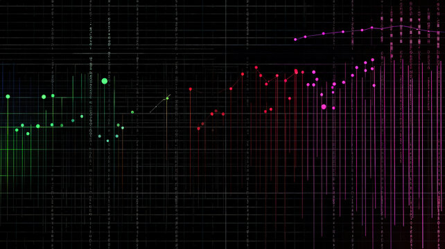 A clean, minimalistic scatter plot features vibrant neon data points dynamically fluctuating across a smooth grid interface, showcasing trends and variations in a visually engaging format.
