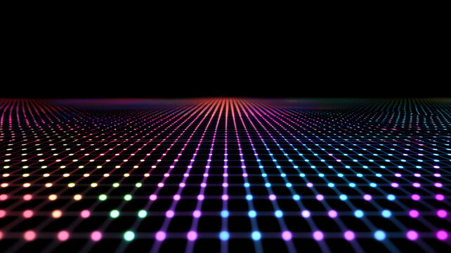 A clean, minimalistic scatter plot features vibrant neon data points dynamically fluctuating across a smooth grid interface, showcasing trends and variations in a visually engaging format.
