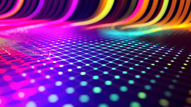 A clean, minimalistic scatter plot features vibrant neon data points dynamically fluctuating across a smooth grid interface, showcasing trends and variations in a visually engaging format.
