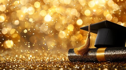 A graduation cap and diploma on a sparkling golden background, symbolizing achievement.