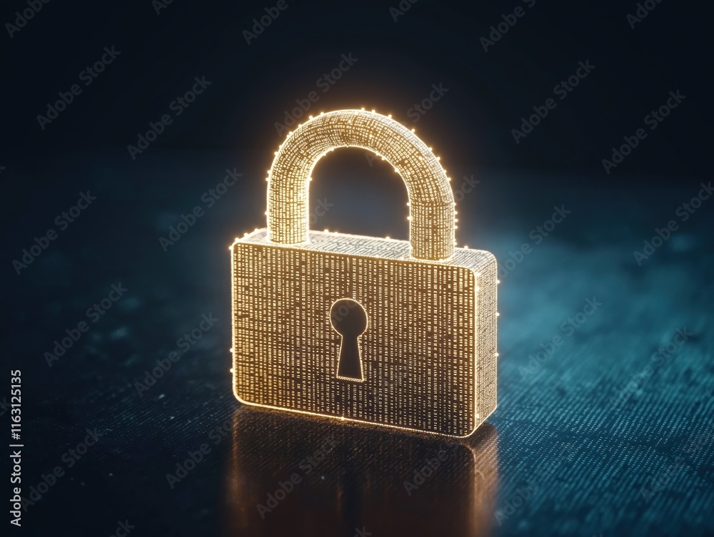 Poster glowing digital padlock cybersecurity, data protection. secure system uses encryption. advanced tech