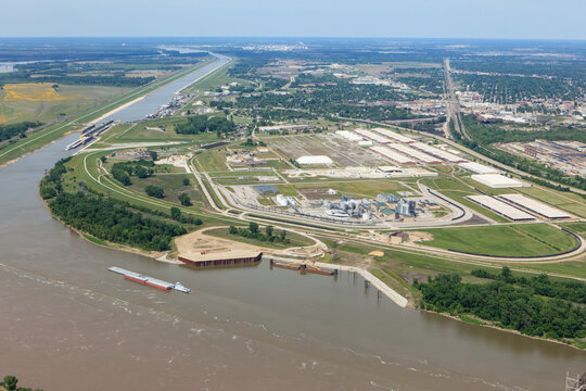 Aerial view of ethanol production facility adjacent to the Mississippi River near St. Louis, Missouri