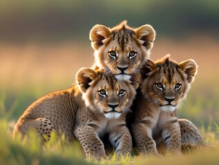 Obraz premium Adorable trio of lion cubs cuddling in the wild, showcasing their captivating expressions, intricate fur patterns, and playful bond against a blurred natural background, highlighting African wildlife