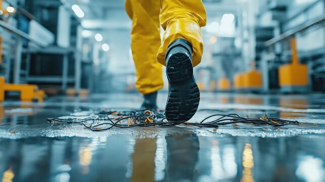 Worker in yellow protective suit walks over scattered cables on wet factory floor. Unsafe conditions create tripping hazard. Industrial setting. Maintenance likely underway. Potential accident risk