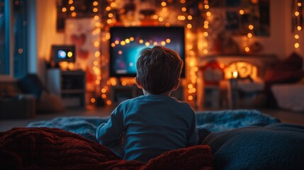 Child Watching TV in Cozy, Festive Room