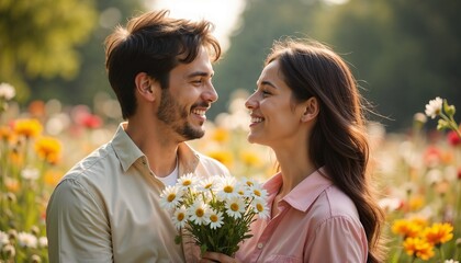 Naklejka premium A romantic moment in a blooming garden as one person gives a bouquet of daisies to their date