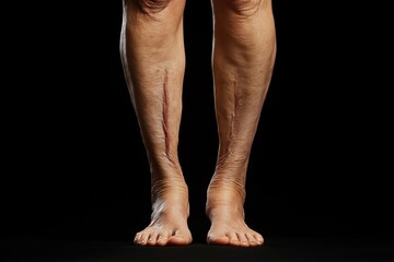 Fototapeta premium Elderly woman legs show surgical scars. Visible skin texture, wrinkles highlight aging. Medical procedures treatments likely cause of scars. Image isolated on black background. Closeup view focuses