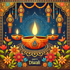 Happy Diwali festival with lit Diya. Colorful traditional oil lamps shimmer against the sparkling background
