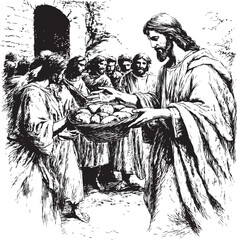 Illustration of the biblical miracle of Jesus feeding over 5,000 people with 5 loaves of bread and 2 fish, symbolizing divine providence and generosity. Perfect for religious and spiritual artwork