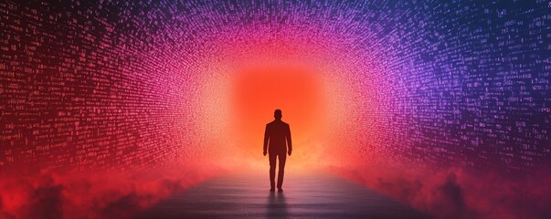 Obraz premium A mysterious figure stands at the edge of a vibrant, digital transformation portal.