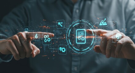 Futuristic digital interface with holographic technology and data visualizations