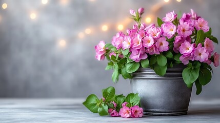 Fototapeta premium Pink flowers bloom beautifully in a gray pot